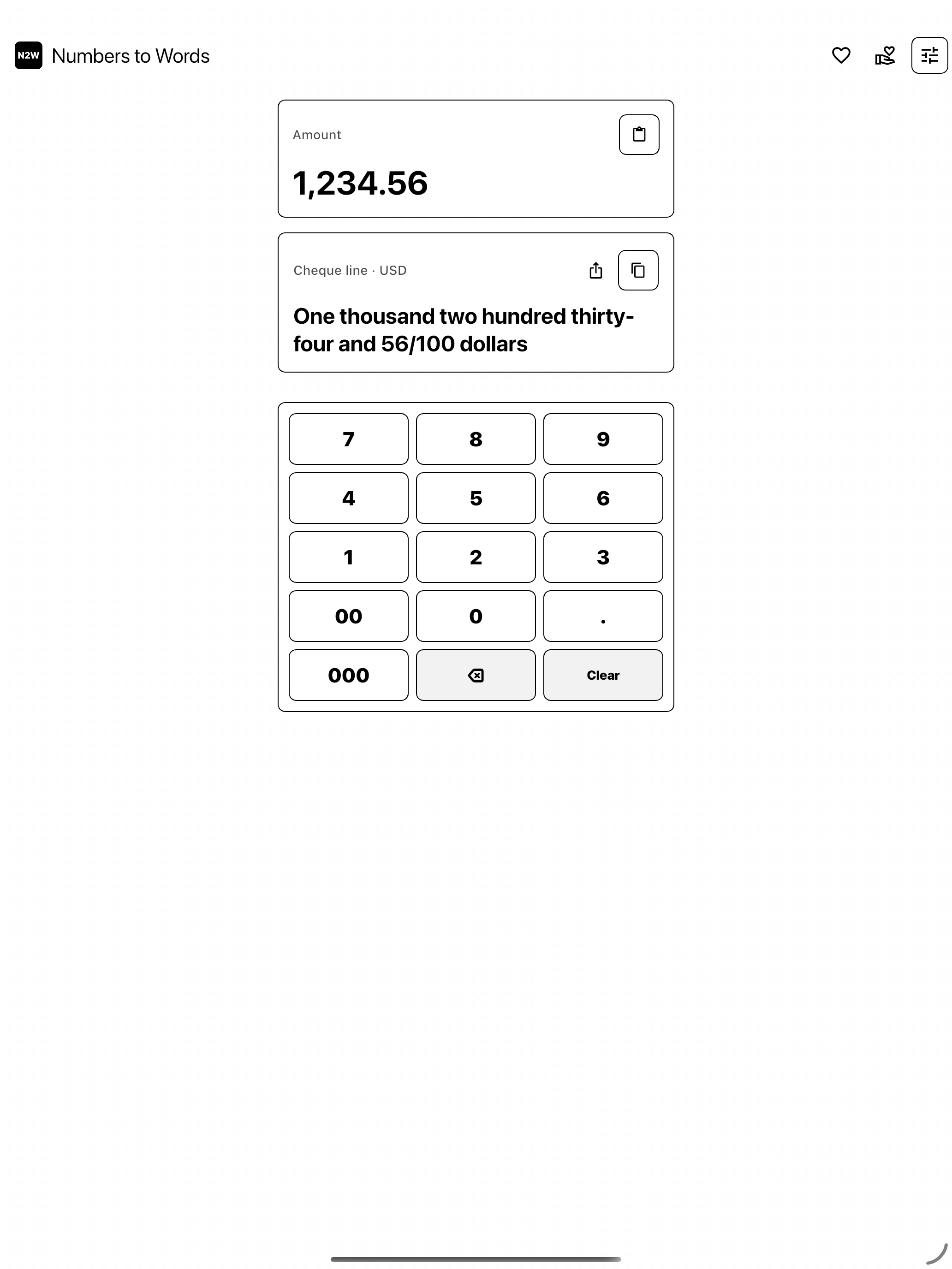 N2W on iPad with amount entry, the English cheque line and numeric keypad