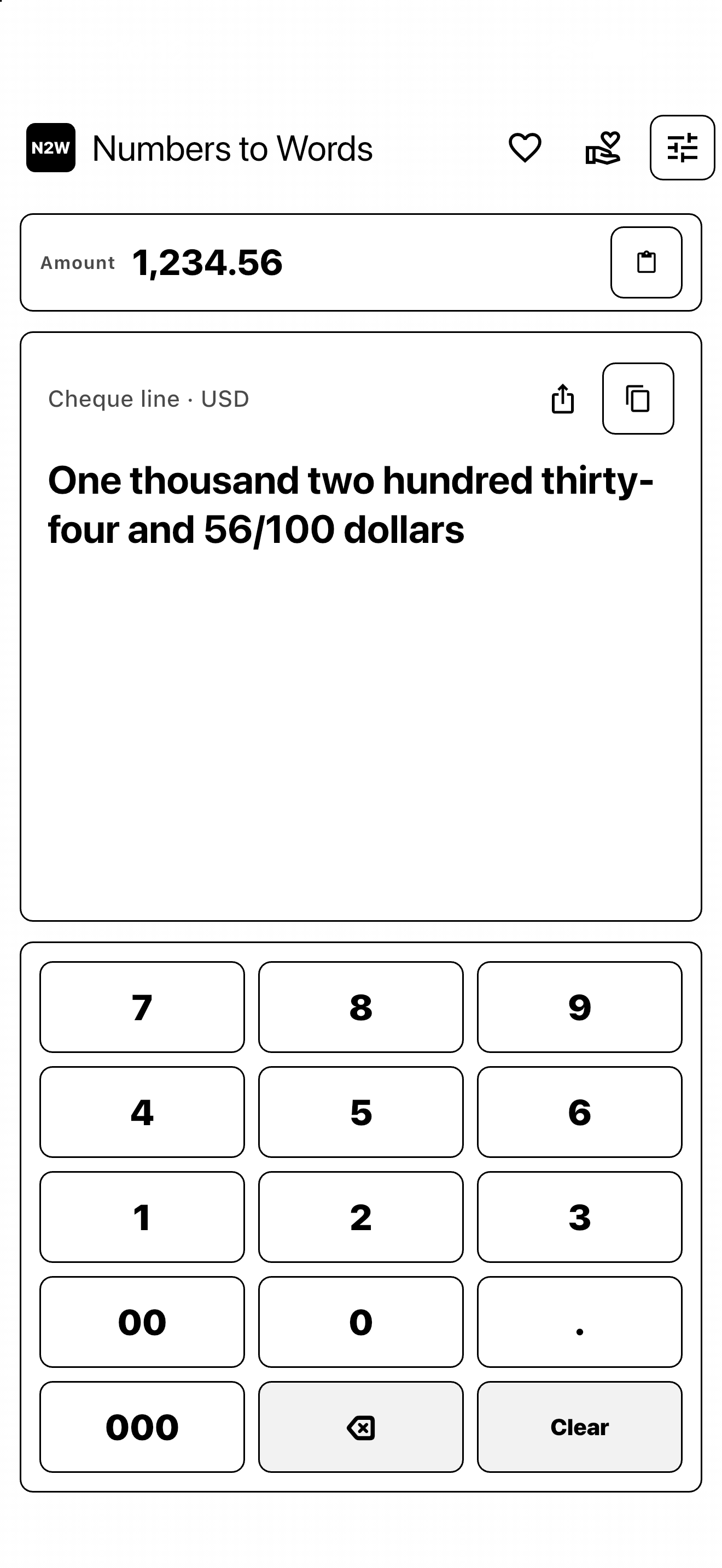 N2W on iPhone: 1,234.56 becomes one thousand two hundred thirty-four and 56/100 dollars